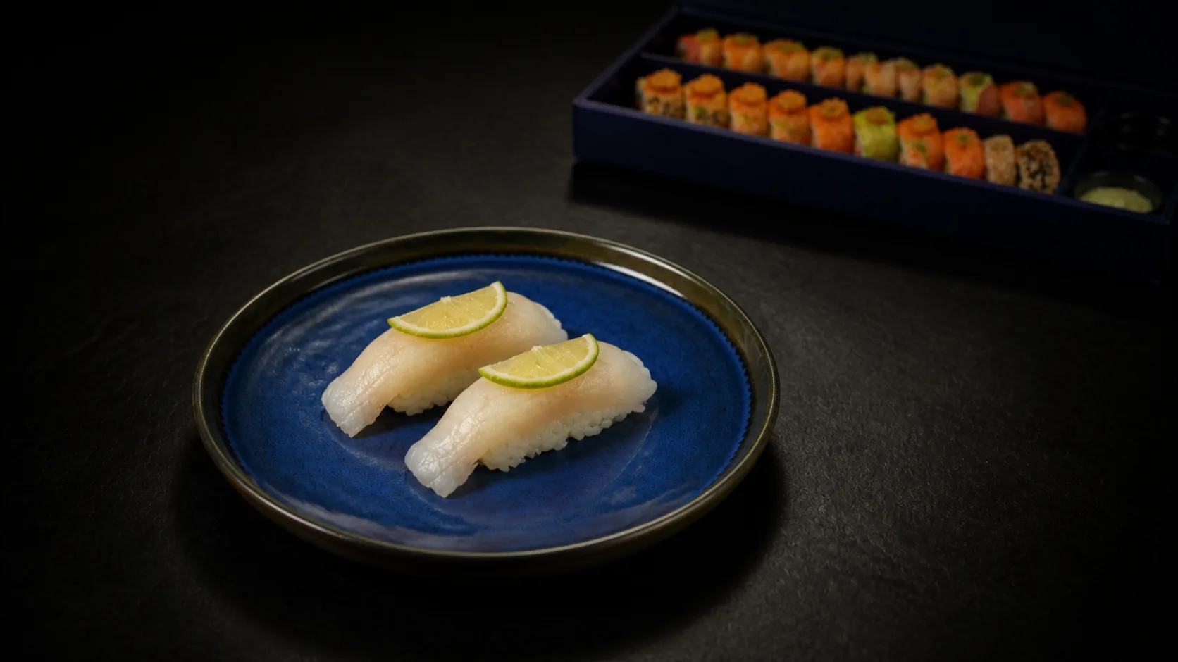 Dos piezas de nigiri Pesca Blanca sobre un plato azul RYŌ