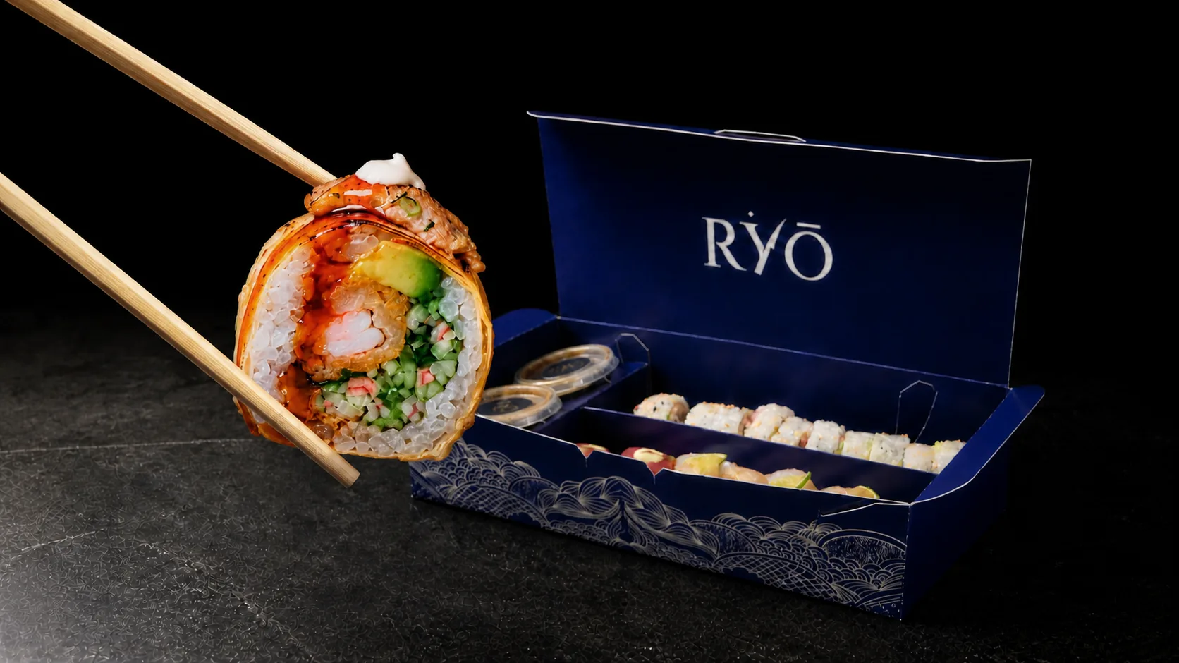 Roll Rendi sostenido con palillos frente a la caja azul RYŌ